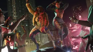 Two Black ladies in bikinis, jeans and furs dancing on a car bonnet at night in GTA 6.