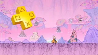 Nine Sols image showing some cats in a bathing area with a PS Plus logo in the upper left corner