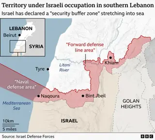Map showing territory under Israeli occupation in southern Lebanon following the ceasefire between Israel and Lebanon