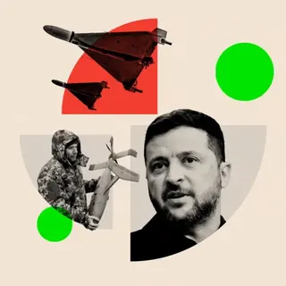 BBC A composite image including Zelensky and Ukrainian drones