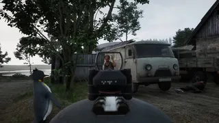 A penguin aiming down the reflex sight on his helmet to shoot a man, as another penguin does the same to one side. Yes this is a weird screenshot.