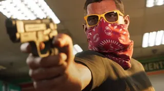 GTA 6's Jason aims a gun with a bandana scarf covering his lower face and yellow rimmed sunglasses over his eyes