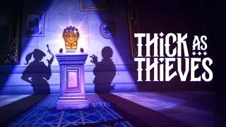 Logo art for Thick as Thieves, showing the shadow of two burglars reaching towards a golden head on a plinth.
