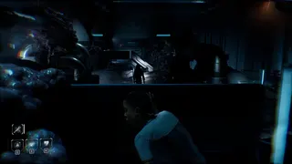 A Black feminine character crouches behind a barrier hiding from a hooded character with a torch patrolling the area beyond.