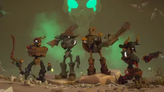 A party of robot cowboys brandish their guns in Far Far West.