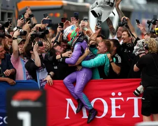 Kimi Antonelli celebrates winning the Miami grand prix.