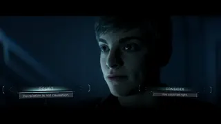 A close up of a feminine face in a dark interior with two dialogue boxes either side denoting a choice needs to be made.