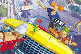 Box art of the original Crazy Taxi for Dreamcast, featuring a cabbie and passenger tearing through the hills of San Francisco