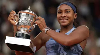 Coco Gauff of United States with the Coupe Suzanne Lenglen trophy