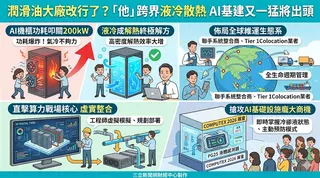 AI功耗叩關200kW，百年油廠嘉實多跨界搶攻液冷商機。其從材料供應商轉型生態系操盤手，聯手Tier 1業者佈局全球維運，並預告展出全新感測器，大啖AI基建升級紅利。（AI製圖）