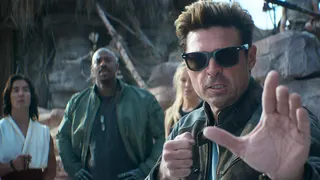 Ludi Lin as Liu Kang, Mehcad Brooks as Jackson ‘Jax’ Briggs, Jessica McNamee as Sonya Blade, and Karl Urban as Johnny Cage in New Line Cinema’s “Mortal Kombat 2.