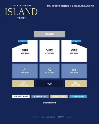 韓國人氣樂團LUCY《2026 LUCY 9TH CONCERT 〈ISLAND〉 IN TAIPEI》票區圖、福利圖。（圖／ K-MONSTAR、MYSTIC STORY提供）