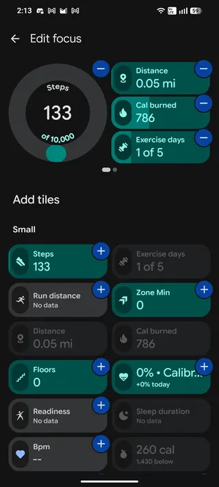 A screenshot of the customization page in the Google Health app