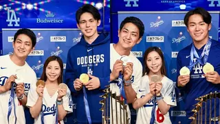 「璃來龍」與佐佐木朗希（左）、山本由伸（右）合影。（圖／翻攝自IG@dodgers）