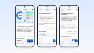Renders of 3 mobile phones with their screens showing health app coaching for exercises