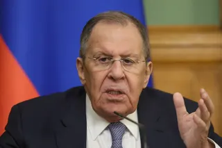 epa12904365 Russian Foreign Minister Sergei Lavrov gestures at a joint press conference with Libyan acting Foreign Minister Taher al-Baour (not pictured) during their meeting at Zinaida Morozova's mansion in Moscow, Russia, 21 April 2026. EPA/MAXIM SHIPENKOV / POOL