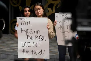 Immigration advocates gather outside FIFA's offices to demand that the organization bans ICE and CBP presence at upcoming World Cup events, in Coral Gables, Florida