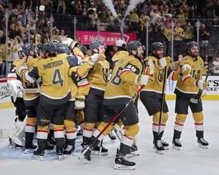 The Vegas Golden Knights celebrate after defeating the Colorado Avalanche