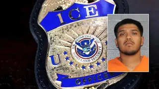 Michael Rosario-Cruz mugshot and an ICE badge.