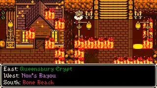 Mina the Hollower screenshot in 8-bit style showing a crypt on fire