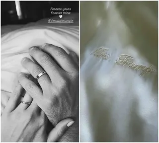 貝蒂娜曬出婚戒，以及繡有「川普夫人」的衣物，透露正式完婚。（翻攝bettinatrump IG）