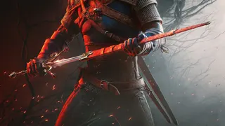 A close up of Witcher hero Geralt drawing a sword from its sheath. The sword has an ornate red scabbard and a notched blade and elaborate crossguard.