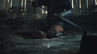A close-up of a kneeling character drawing a longsword from a scabbard.