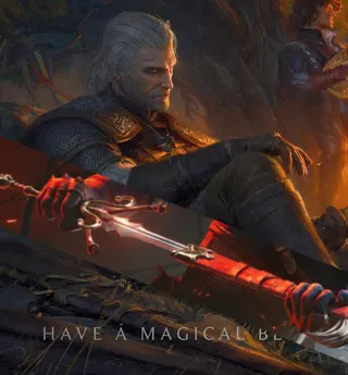 A close-up of a grizzled old warrior sat by a tree and the swords resting on the ground by him, with an overlaid image of a person drawing a sword from a sheath that looks just like the other swords seen in the image here.