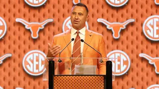 Head coach Steve Sarkisian speaking at SEC Football Media Days in Dallas