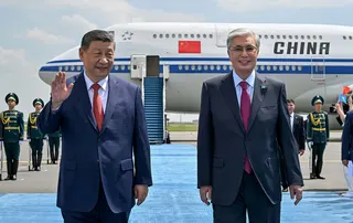 Chinese President Xi Jinping (left) arrives in Astana for the second China-Central Asia Summit in June 2025. He was welcomed at the airport by Kazakhstan’s President Kassym-Jomart Tokayev. Photo: AFP