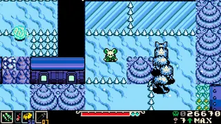 Mina the Hollower screenshot showing, in 8-bit style, an icy area with a small house and trees