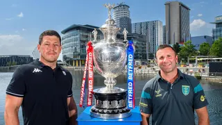 Wigan Warriors boss Matt Peet and his Hull KR counterpart Willie Peters stand alongside the Challenge Cup trophy ahead of Saturday's men's final