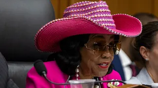 Rep. Wilson in pink hat at subcommittee hearing