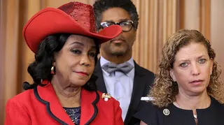 Rep. Frederica Wilson, D-Fla., and then-Democratic National Committee Chair Debbie Wasserman Schultz, D-Fla., during a news conference