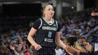 CHICAGO, IL - AUGUST 25: Hailey Van Lith #2 of the Chicago Sky high five during the game against the Las Vegas Aces on August 25, 2025 at the Wintrust Arena in Chicago, IL. (Photo by Melissa Tamez/NBAE via Getty Images)