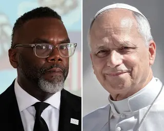 A composite image of a man in a suit and a man in religious vestments.