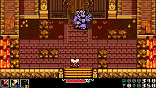 Mina the Hollower screenshot showing, in 8-bit style, you approaching a large character in purple robe, in a fire-themed building