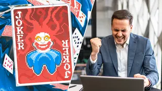 A joker from Balatro and a thoroughly pumped businessman.