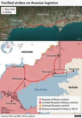 A map of southern Ukraine highlighting major roads and 14 verified strike points on one running from occupied Crimea, through occupied Melitopol and Mariupol and on the road leading to the Russian border from Mariupol. There is a zoomed in section on this last stretch of motorway, where 10 strikes are marked.
