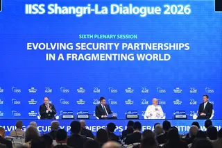 Participants speak at the Shangri-La Dialogue defence forum in Singapore on Sunday. Photo: Singapore’s Ministry of Defence