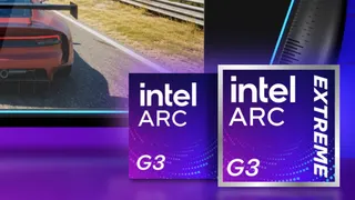 Logos for the new Intel Arc G-Series handheld gaming PC chips next to a handheld