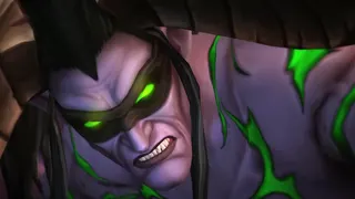 Illidan Stormrage from World of Warcraft looks, glowing eyes full of resentment, at the viewer.