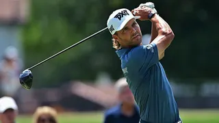 Eric Cole tees off from the eighteenth tee box during the third round of the PGA Charles Schwab Challenge