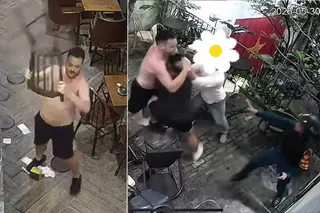 Screenshots from security camera footage shared by Ge Cafe show a shirtless man trashing the venue and attacking patrons while police attempted to detain him. Photos: Facebook/Ge Cafe