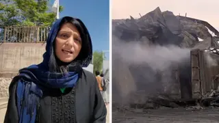 Composite image: BBC Journalist Yogita Limaye outside rehab centre in Kabul where deadly Pakistan strike happened with image of smoke after strike
