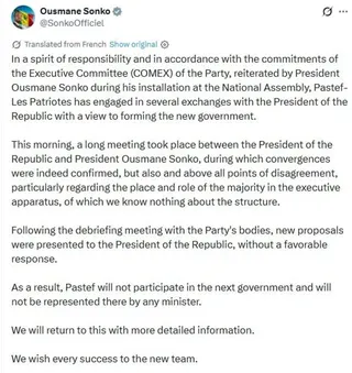 Senegal's Pastef political party will not participate in the country's new ​government, party leader and ousted prime minister Ousmane Sonko said in a post on X on June 1, 2026.