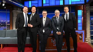 Stephen Colbert with guests Jimmy Kimmel, Jimmy Fallon, John Oliver, and Seth Meyers on The Late Show set