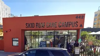 The entrance to the Skid Row Care Campus at 442 South Crocker Street in downtown Los Angeles
