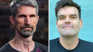 Photographs of two men laid side by side. One has a greying goatee and short cropped hair and has a serious expression; the other is clean-shaven with short dark hair, a cheeky smile and dimpled cheeks. They are Mike Daly and Marcus Smith from Insomniac Games.