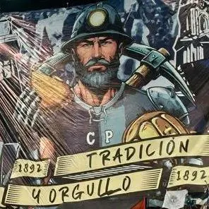 A tifo featuring a miner holding a pasty and a pickaxe